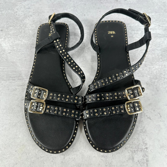 Zara Studded Women's 38 EU / 7.5 Shoes Black Sandals Straps - Picture 2 of 7